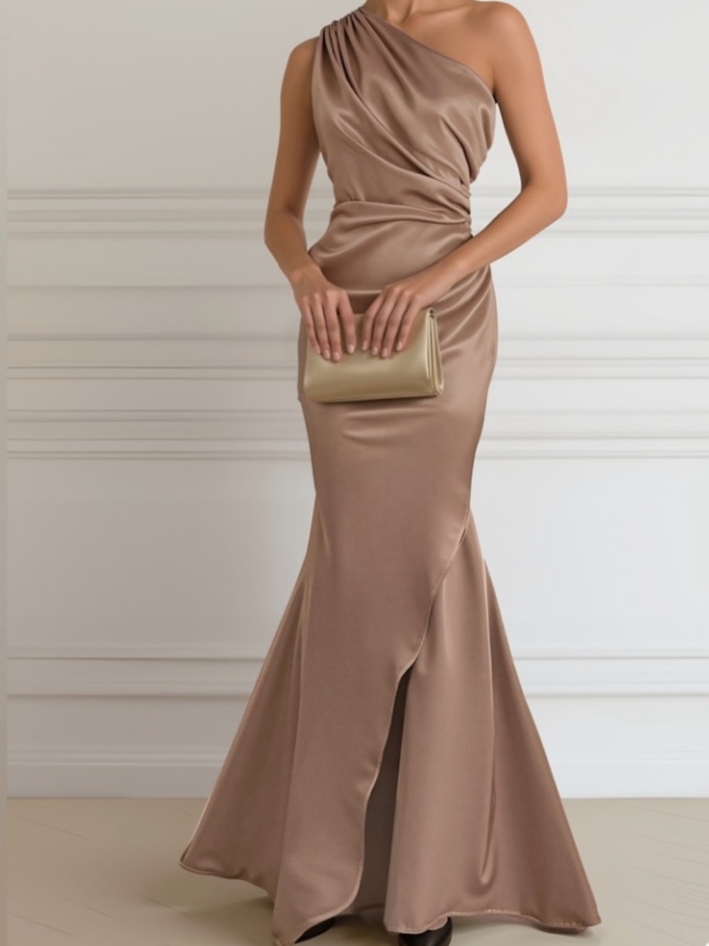 Champagne Satin One-Shoulder Gown
